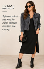 FRAME Rosette Puff Sleeve Denim Jacket – Ozone Black – styled editorial look 3