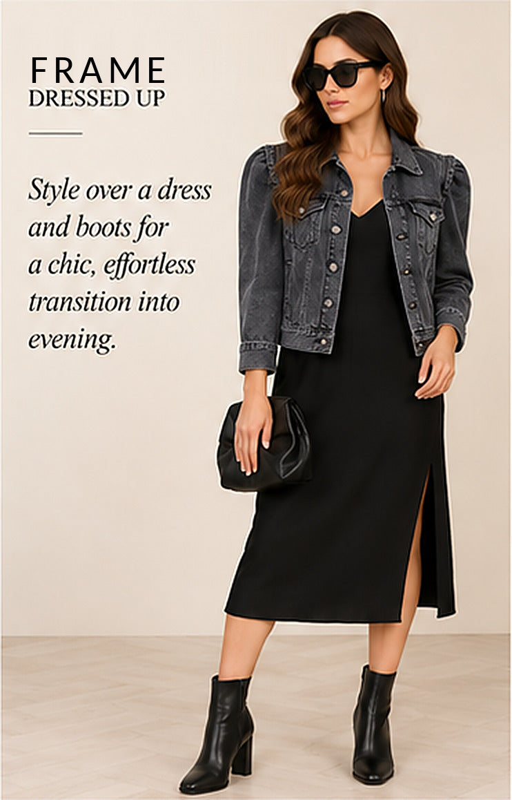 FRAME Rosette Puff Sleeve Denim Jacket – Ozone Black – styled editorial look 3