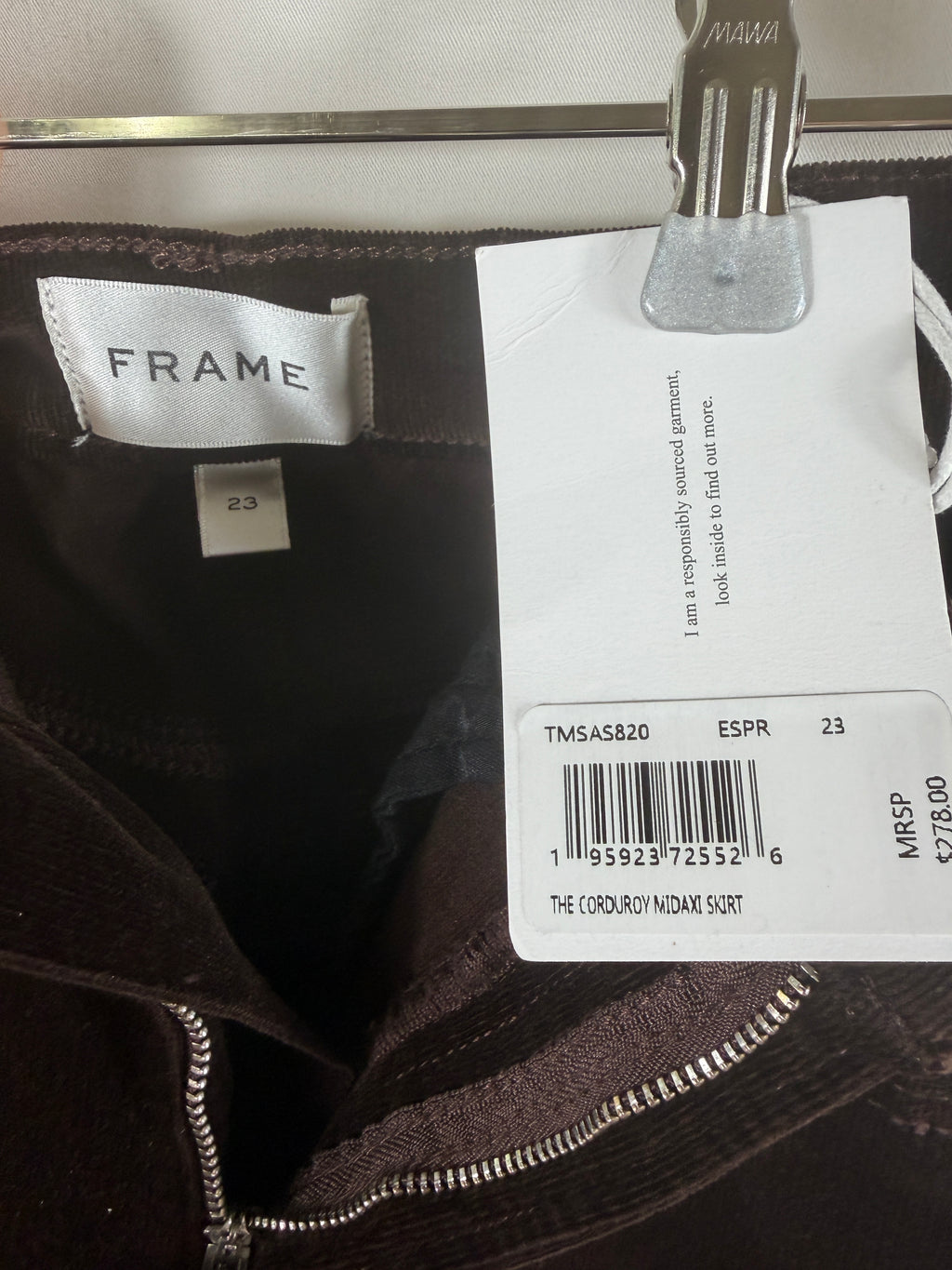 FRAME The Corduroy Midaxi Skirt – Espresso — brand tag