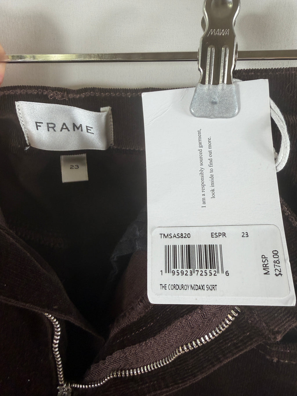 FRAME The Corduroy Midaxi Skirt – Espresso — brand tag