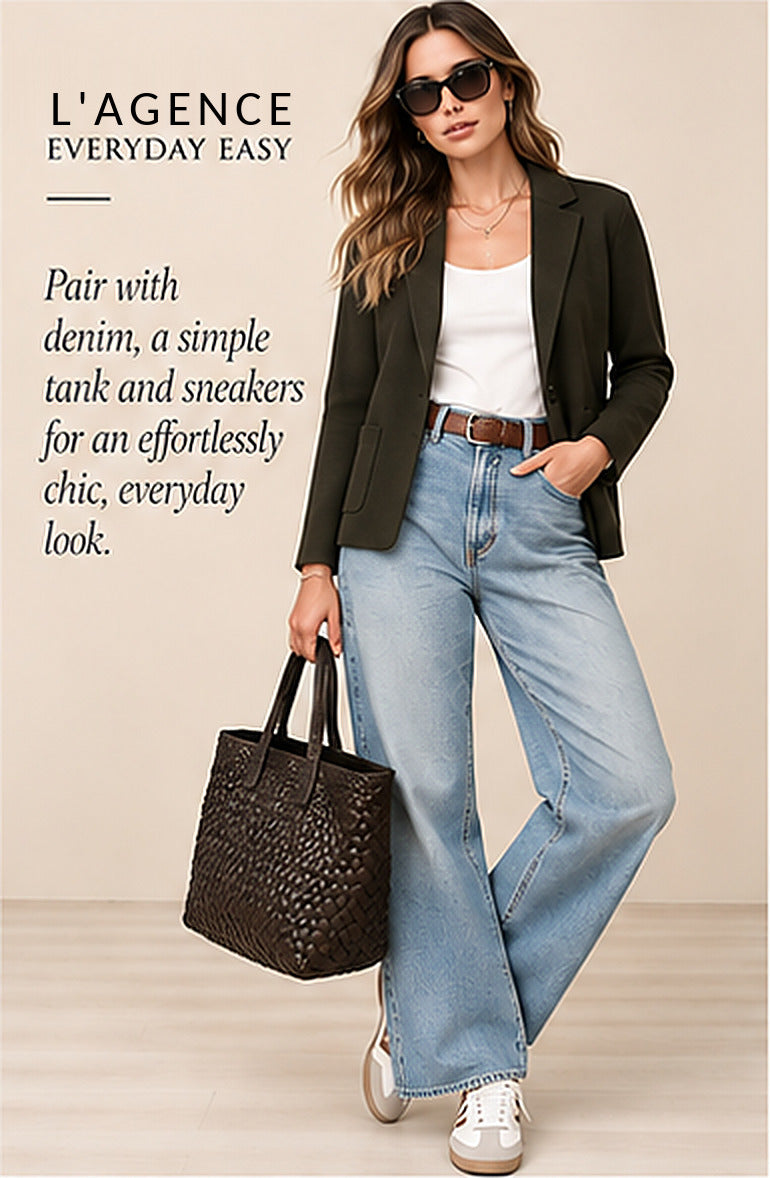 L'AGENCE Lacey Knit Blazer — Deep Olive – styled editorial look 1
