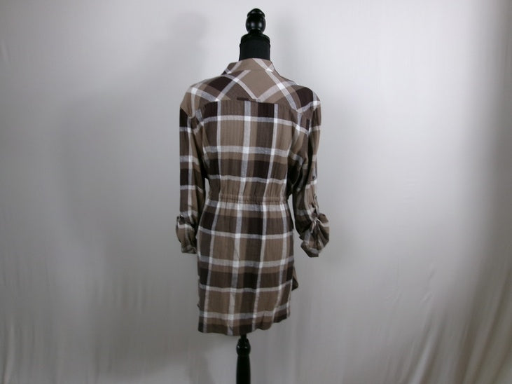 Lafayette 148 Plaid Cotton-Wool Drawstring Shirtdress – Brown – back
