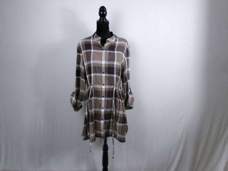 Lafayette 148 Plaid Cotton-Wool Drawstring Shirtdress – Brown – front