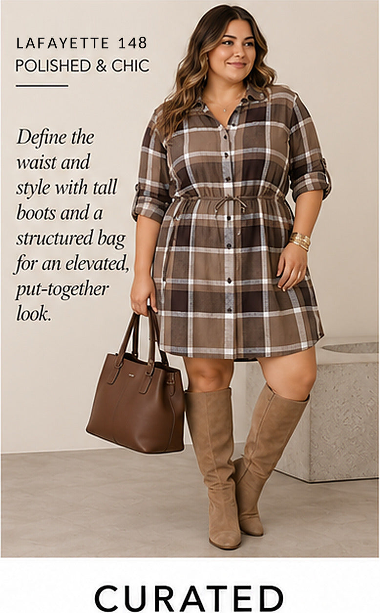 Lafayette 148 Plaid Cotton-Wool Drawstring Shirtdress – Brown – styled editorial look 2