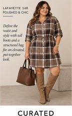 Lafayette 148 Plaid Cotton-Wool Drawstring Shirtdress – Brown – styled editorial look 2