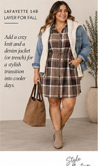 Lafayette 148 Plaid Cotton-Wool Drawstring Shirtdress – Brown – styled editorial look 3