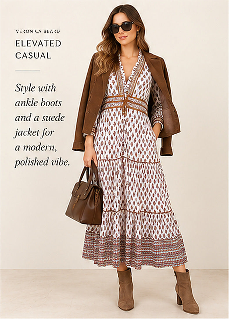 Veronica Beard Printed Whipstitch Cotton Midi Dress – styled editorial look 2