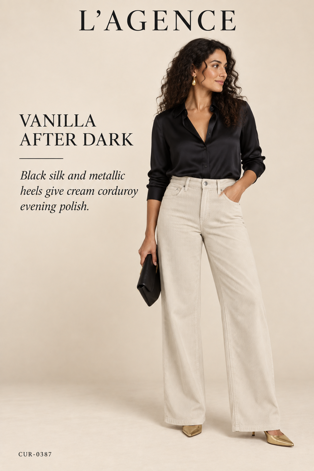 L'AGENCE Scottie High-Rise Wide-Leg Corduroy – French Vanilla – styled: Vanilla After Dark