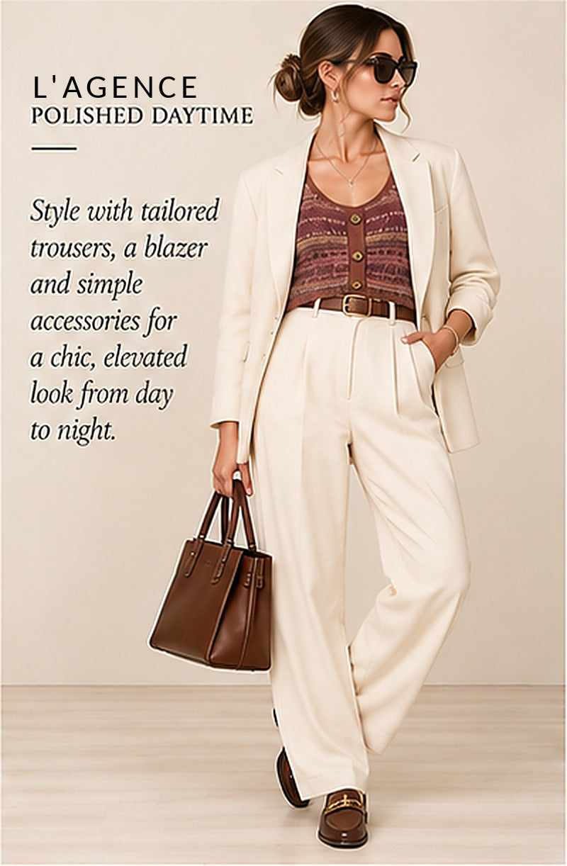 L'AGENCE Galene Mixed Stitch Crop Sweater Tank — Natural/Mauve Multi – styled editorial look 2