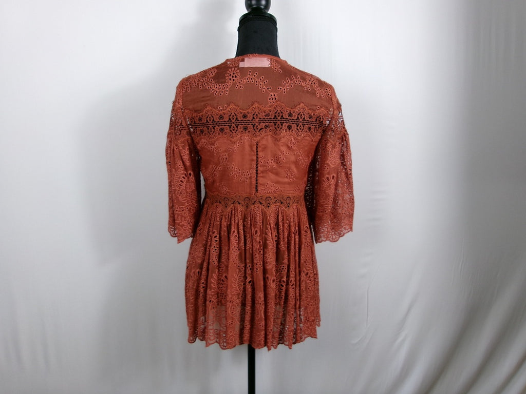Zimmermann Silk Lace Peplum Blouse — Rust – back