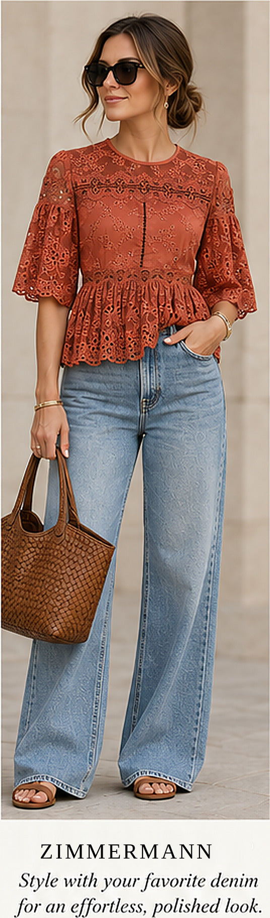 Zimmermann Silk Lace Peplum Blouse — Rust