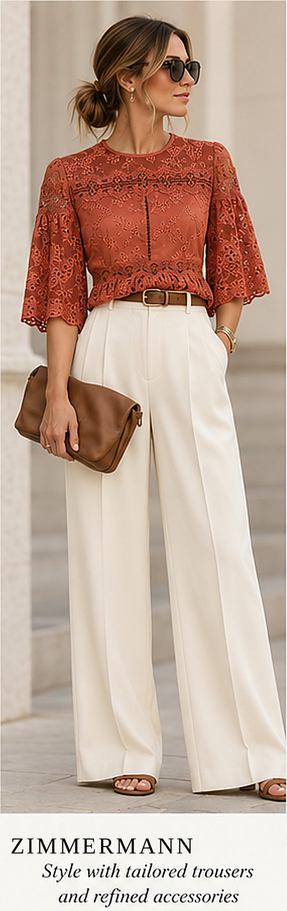 Zimmermann Silk Lace Peplum Blouse — Rust – styled editorial look 3