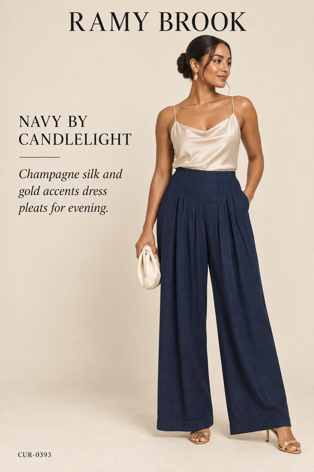 Ramy Brook Dalia Pleated Wide-Leg Pant – Navy – styled: Navy by Candlelight