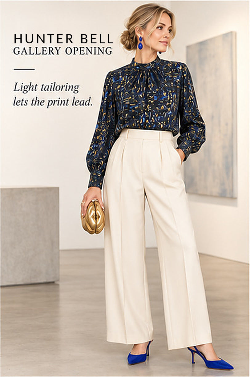Hunter Bell Printed Mock-Neck Blouse – Navy/Gold