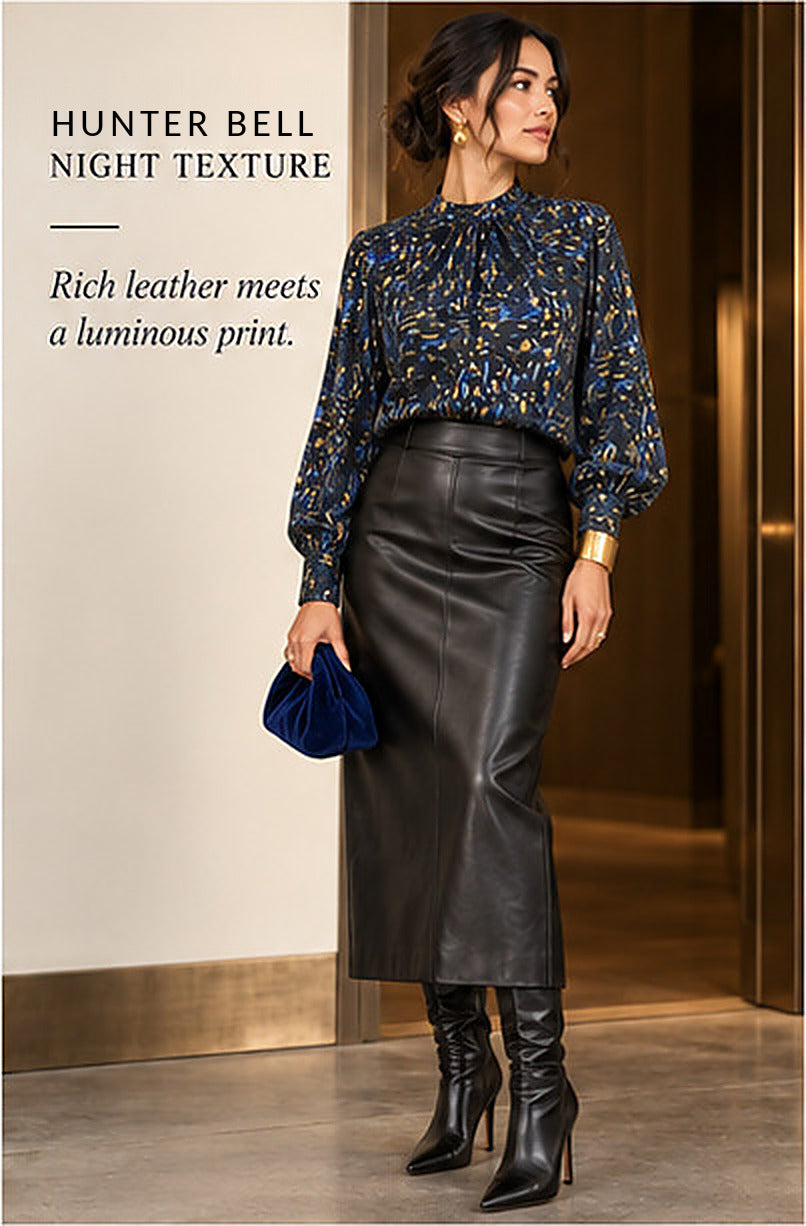 Hunter Bell Printed Mock-Neck Blouse – Navy/Gold – styled editorial look 2