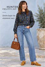 Hunter Bell Printed Mock-Neck Blouse – Navy/Gold – styled editorial look 3