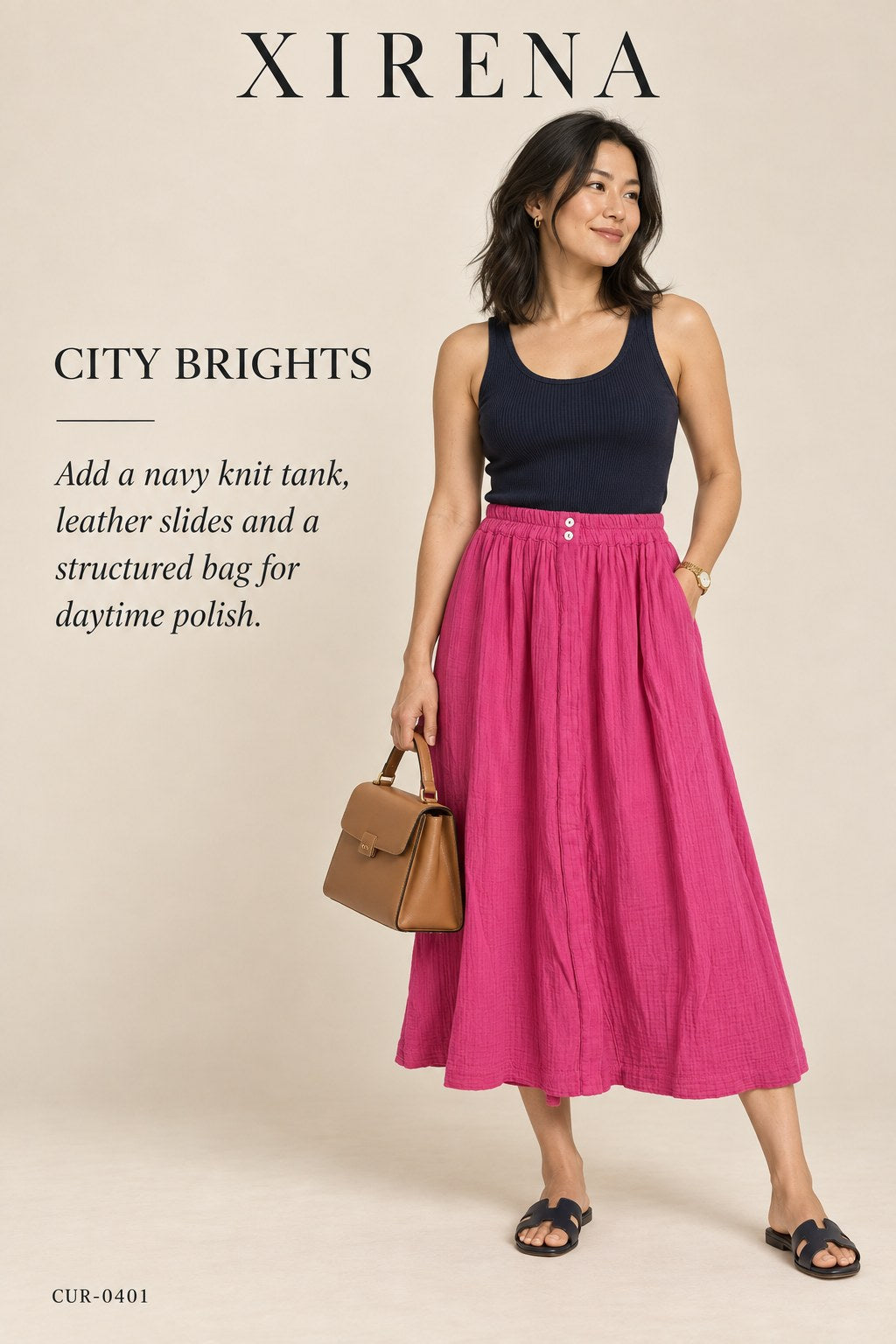 Xirena Midi Skirt – Fuchsia Cotton Gauze – styled editorial look 2