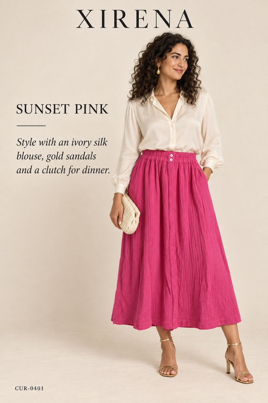 Xirena Midi Skirt – Fuchsia Cotton Gauze – styled editorial look 3