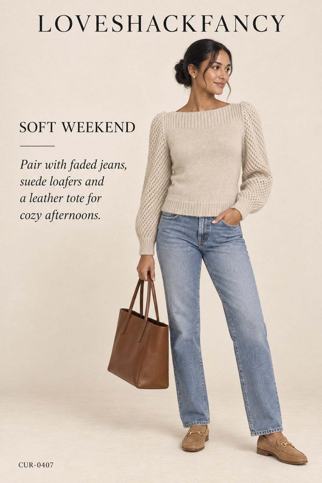 LoveShackFancy Baby Alpaca Bateau Sweater – Oatmeal – styled editorial look 1
