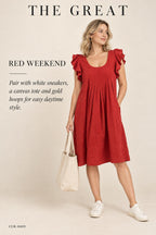 The Great Pintucked Ruffle-Sleeve Dress – Red – styled editorial look 1