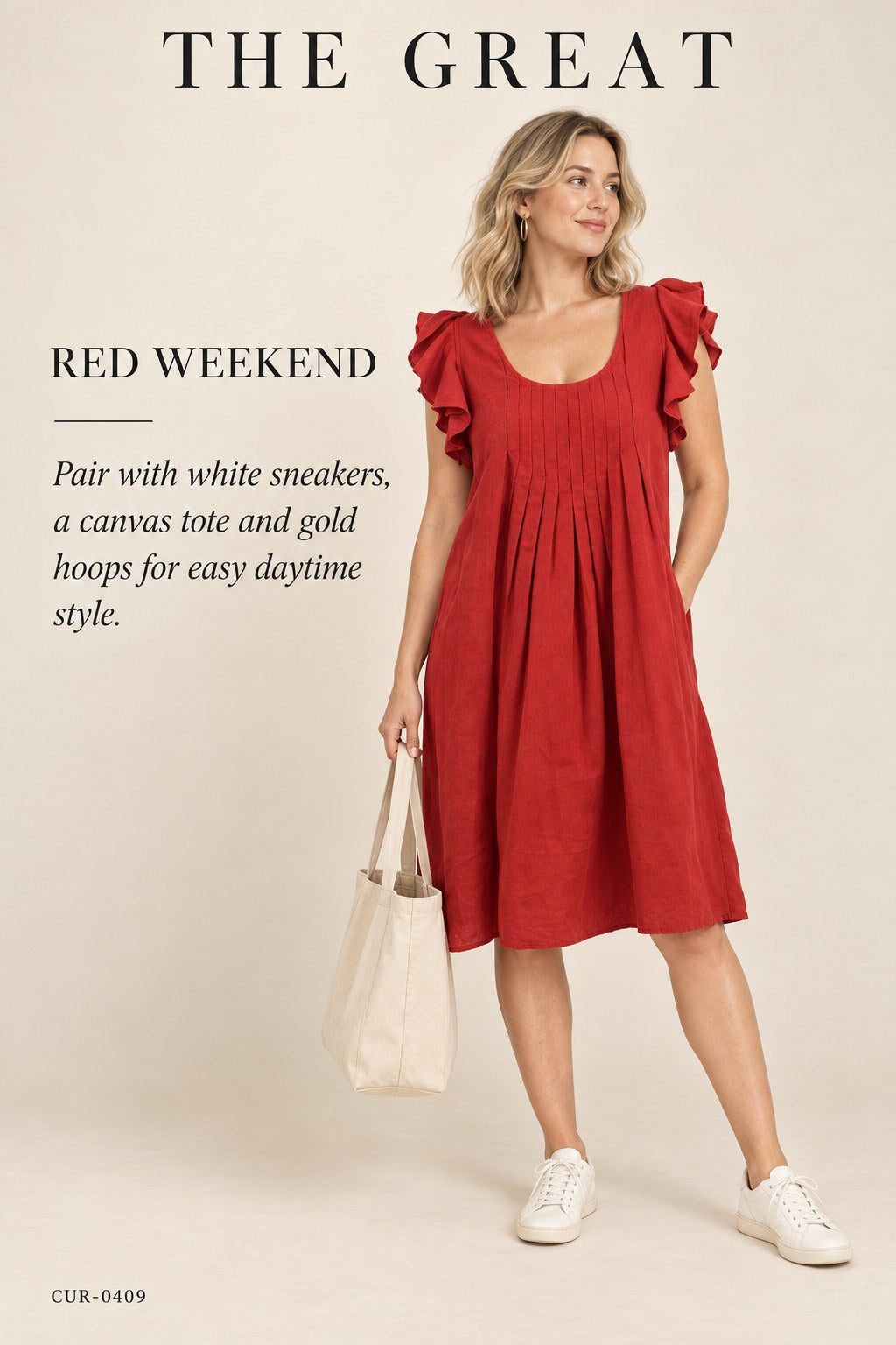 The Great Pintucked Ruffle-Sleeve Dress – Red – styled editorial look 1