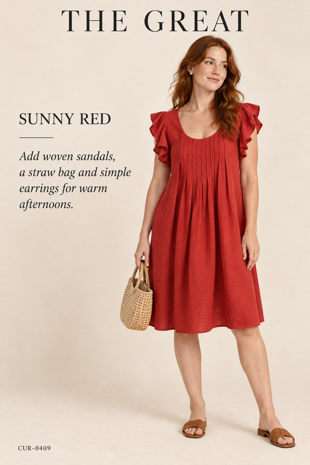 The Great Pintucked Ruffle-Sleeve Dress – Red – styled editorial look 2