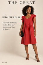 The Great Pintucked Ruffle-Sleeve Dress – Red – styled editorial look 3