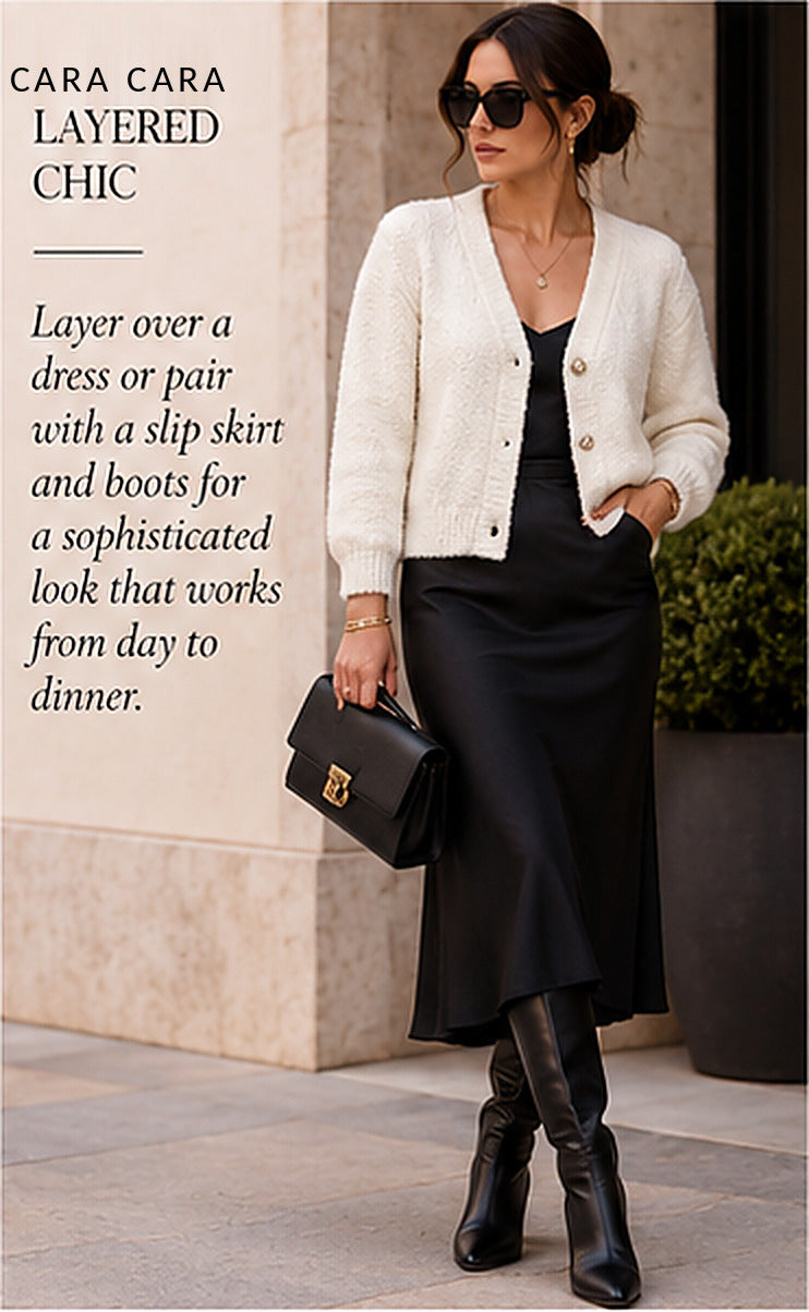 Cara Cara Nola Cardigan — Ivory – styled editorial look 3