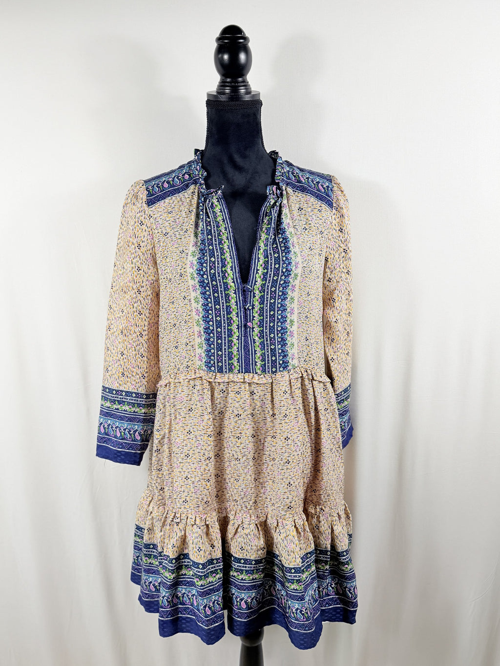 Veronica Beard Paisley Border-Print Tiered Mini Dress – front