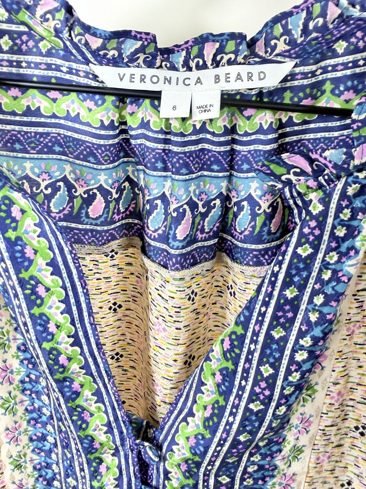 Veronica Beard Paisley Border-Print Tiered Mini Dress – label