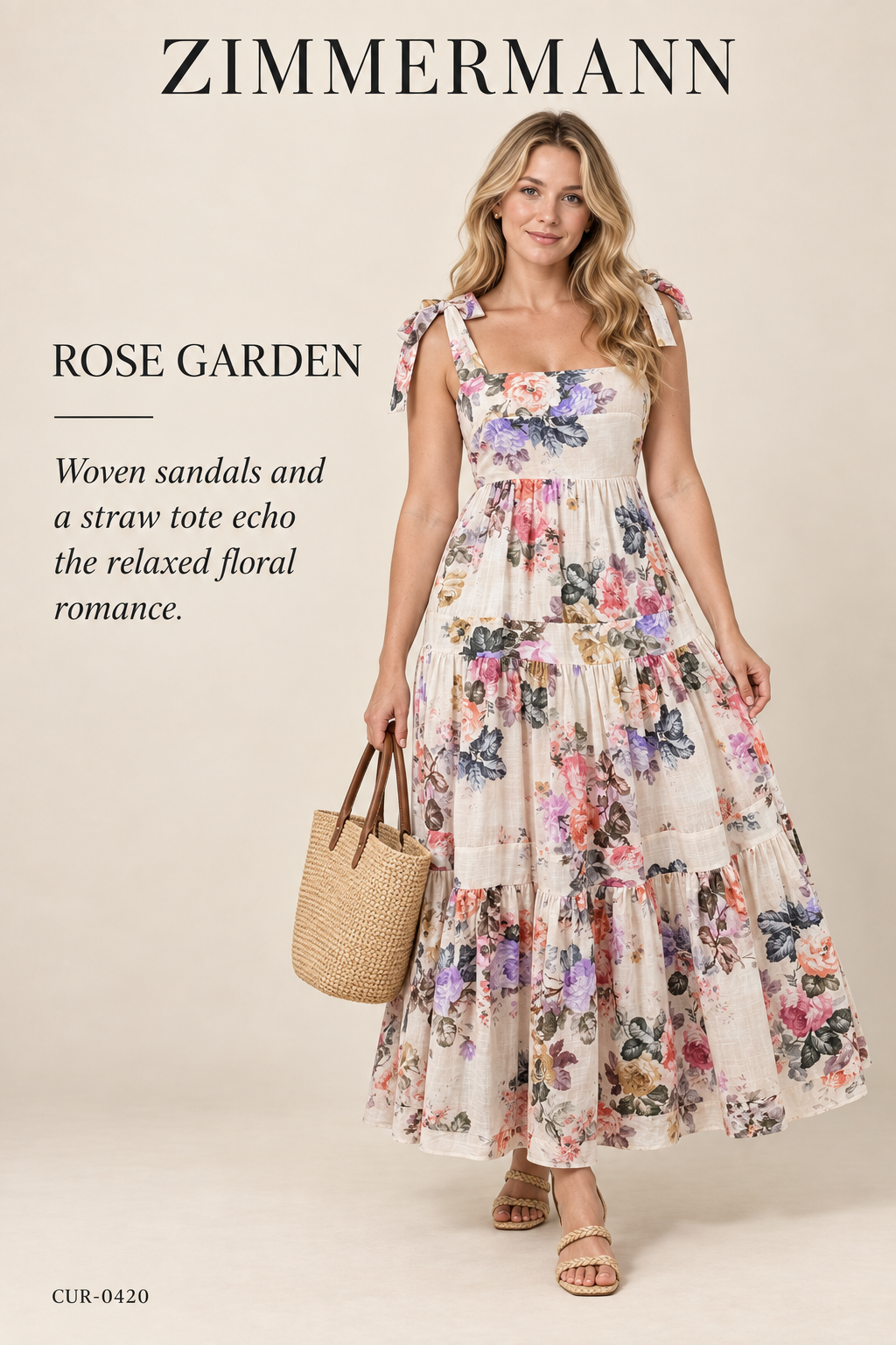 Zimmermann Tie-Shoulder Tiered Floral Maxi Dress – Cream