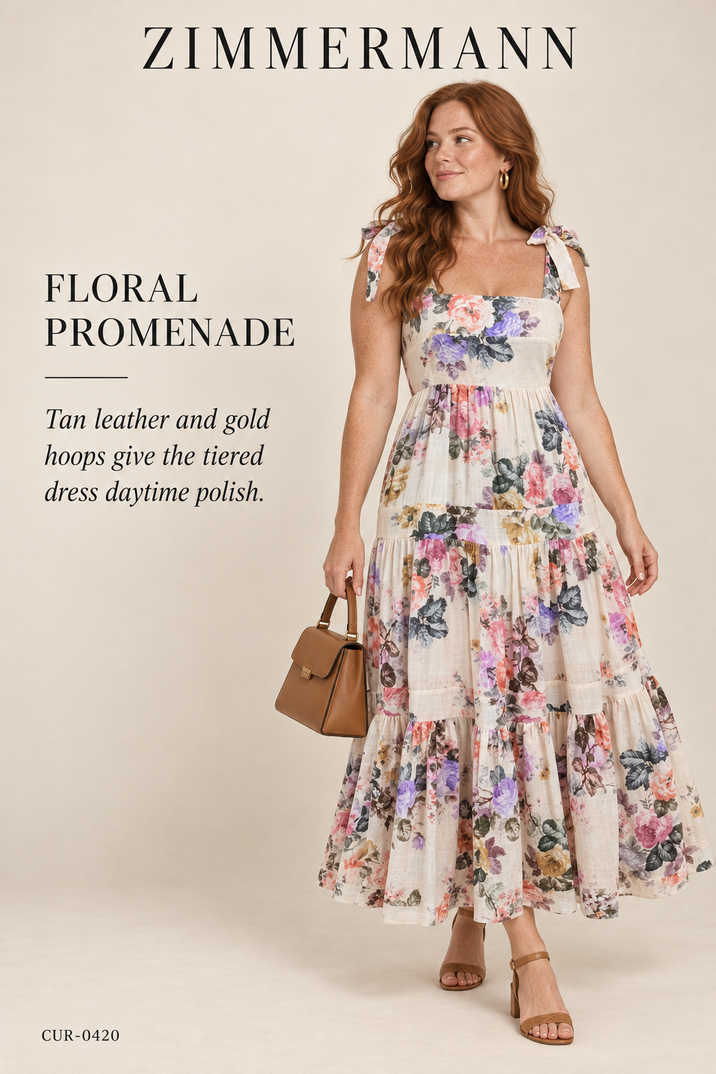 Zimmermann Tie-Shoulder Tiered Floral Maxi Dress – Cream – styled: Floral Promenade