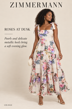 Zimmermann Tie-Shoulder Tiered Floral Maxi Dress – Cream – styled: Roses at Dusk
