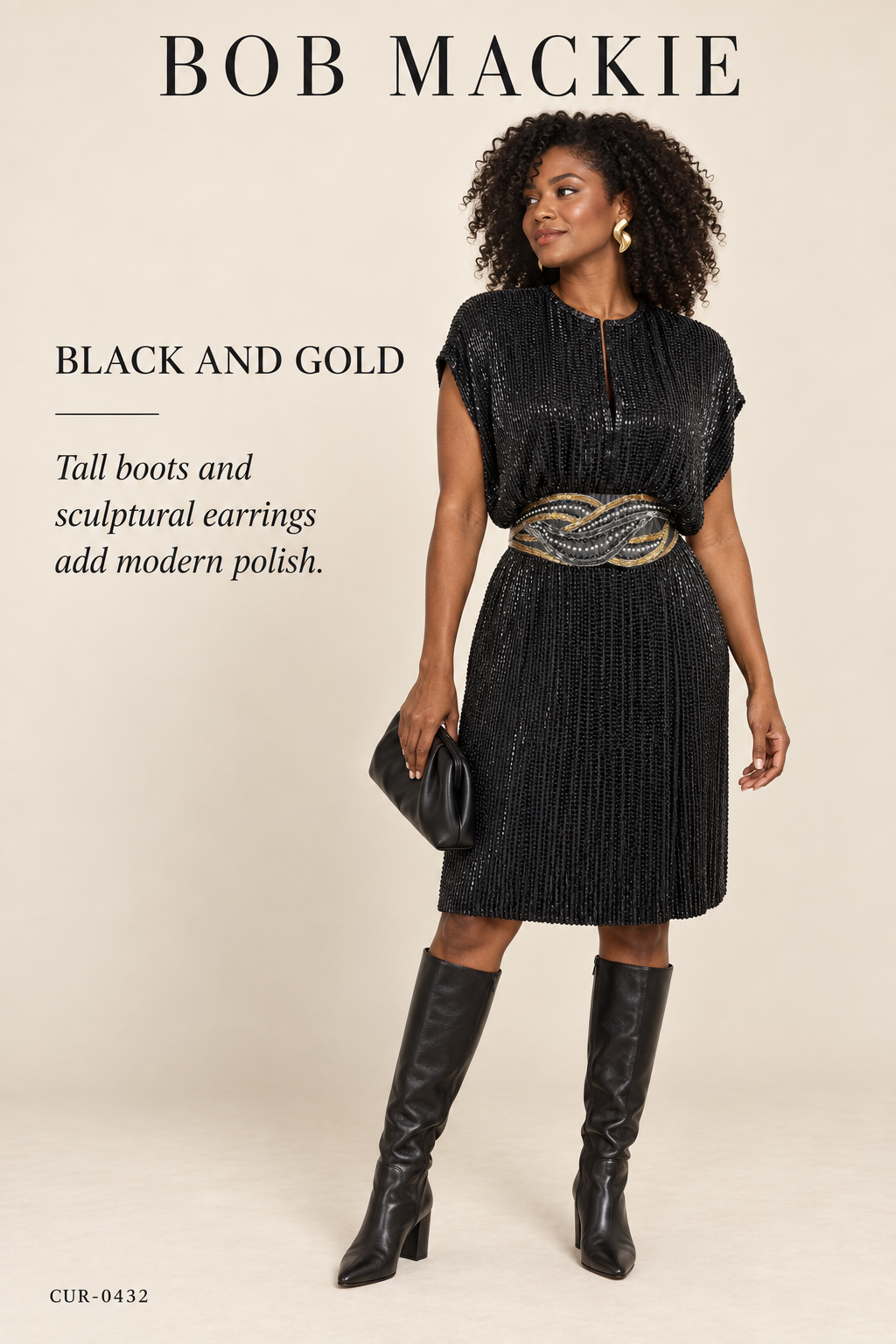Bob Mackie Boutique Beaded Silk Blouson Shift Dress – Black – styled: Black and Gold
