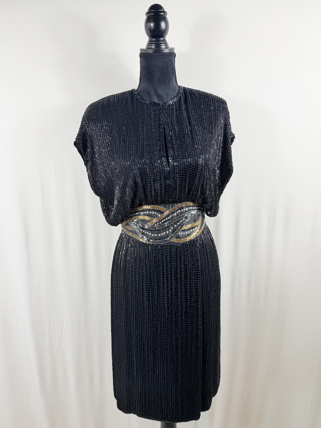 Bob Mackie Boutique 1980s Beaded Silk Blouson Shift Dress – front