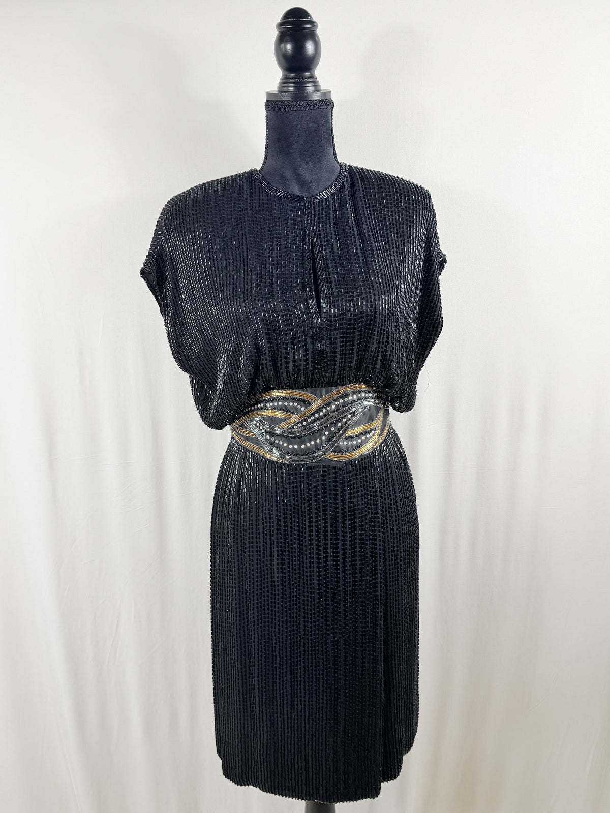 Bob Mackie Boutique 1980s Beaded Silk Blouson Shift Dress – front