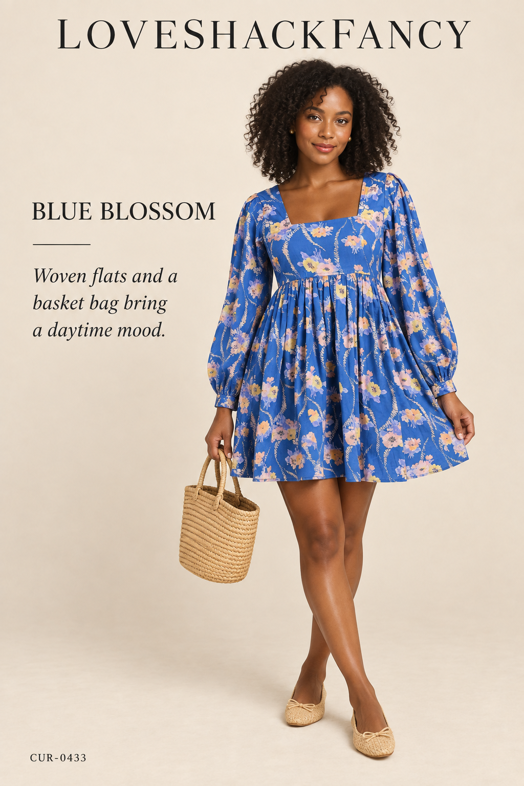 LoveShackFancy Floral Print Square-Neck Babydoll Mini Dress – Blue – styled: Blue Blossom