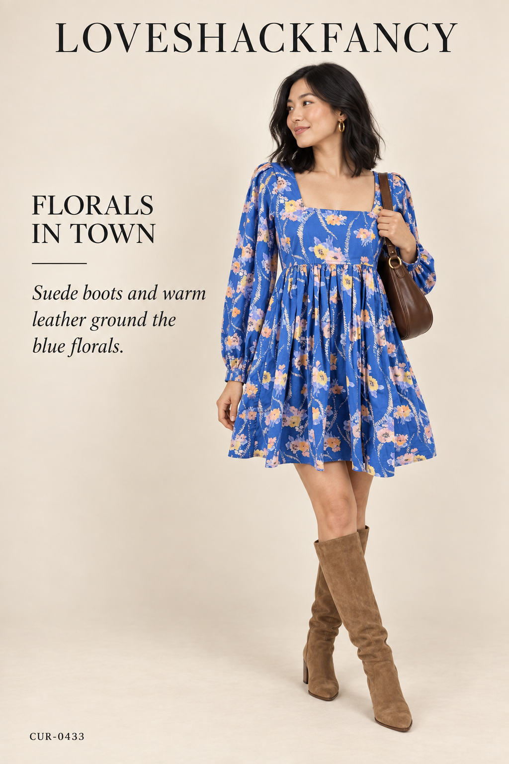 LoveShackFancy Floral Print Square-Neck Babydoll Mini Dress – Blue – styled: Florals in Town