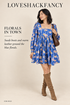 LoveShackFancy Floral Print Square-Neck Babydoll Mini Dress – Blue – styled: Florals in Town