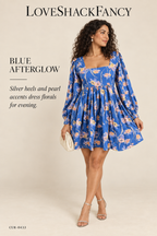 LoveShackFancy Floral Print Square-Neck Babydoll Mini Dress – Blue – styled: Blue Afterglow