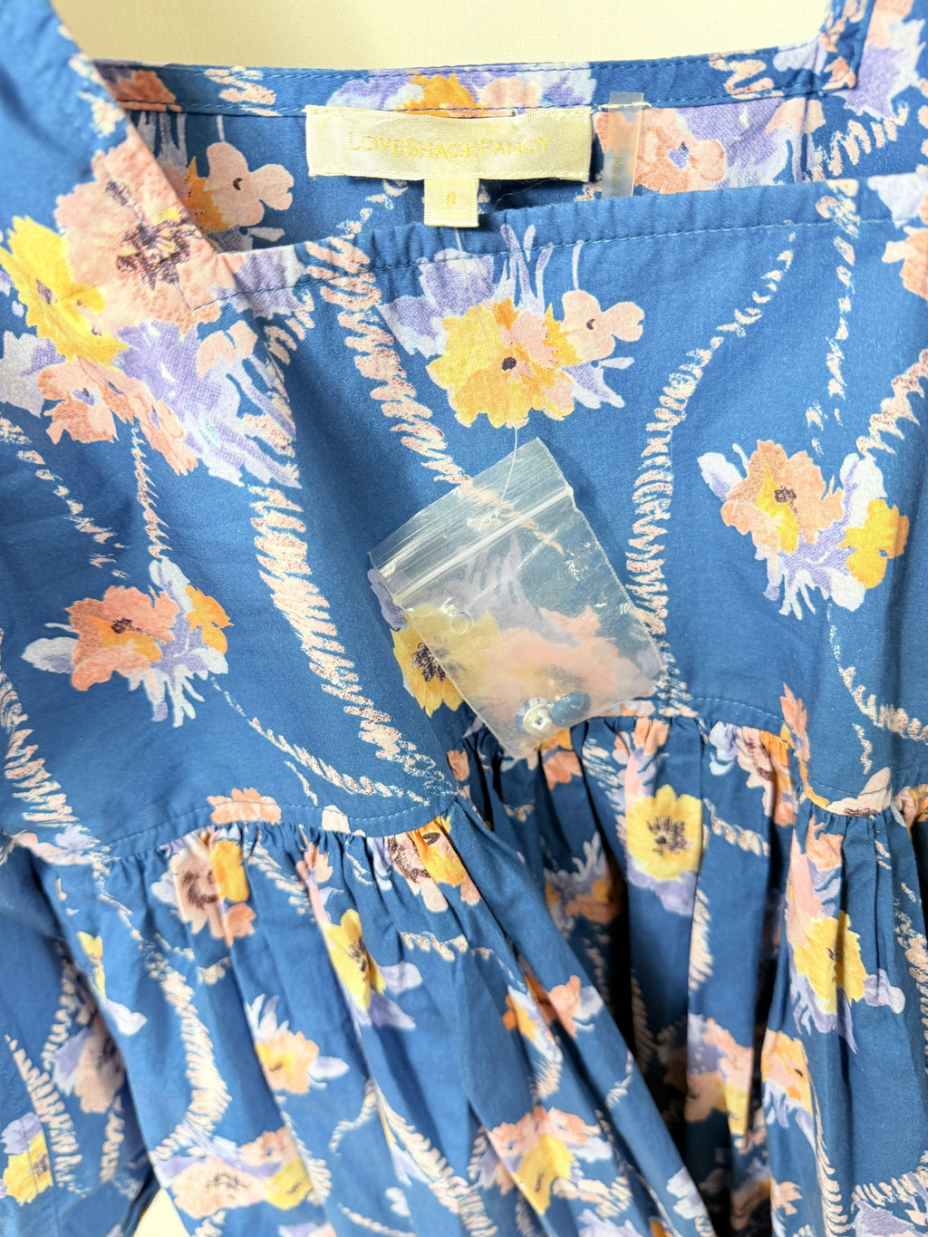 LoveShackFancy Floral Print Square-Neck Babydoll Mini Dress – Blue – detail