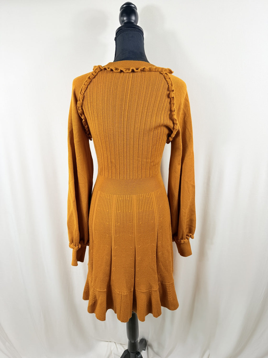 Pearl by Lela Rose Ruffle-Trim Wool Sweater Dress – Ochre – back
