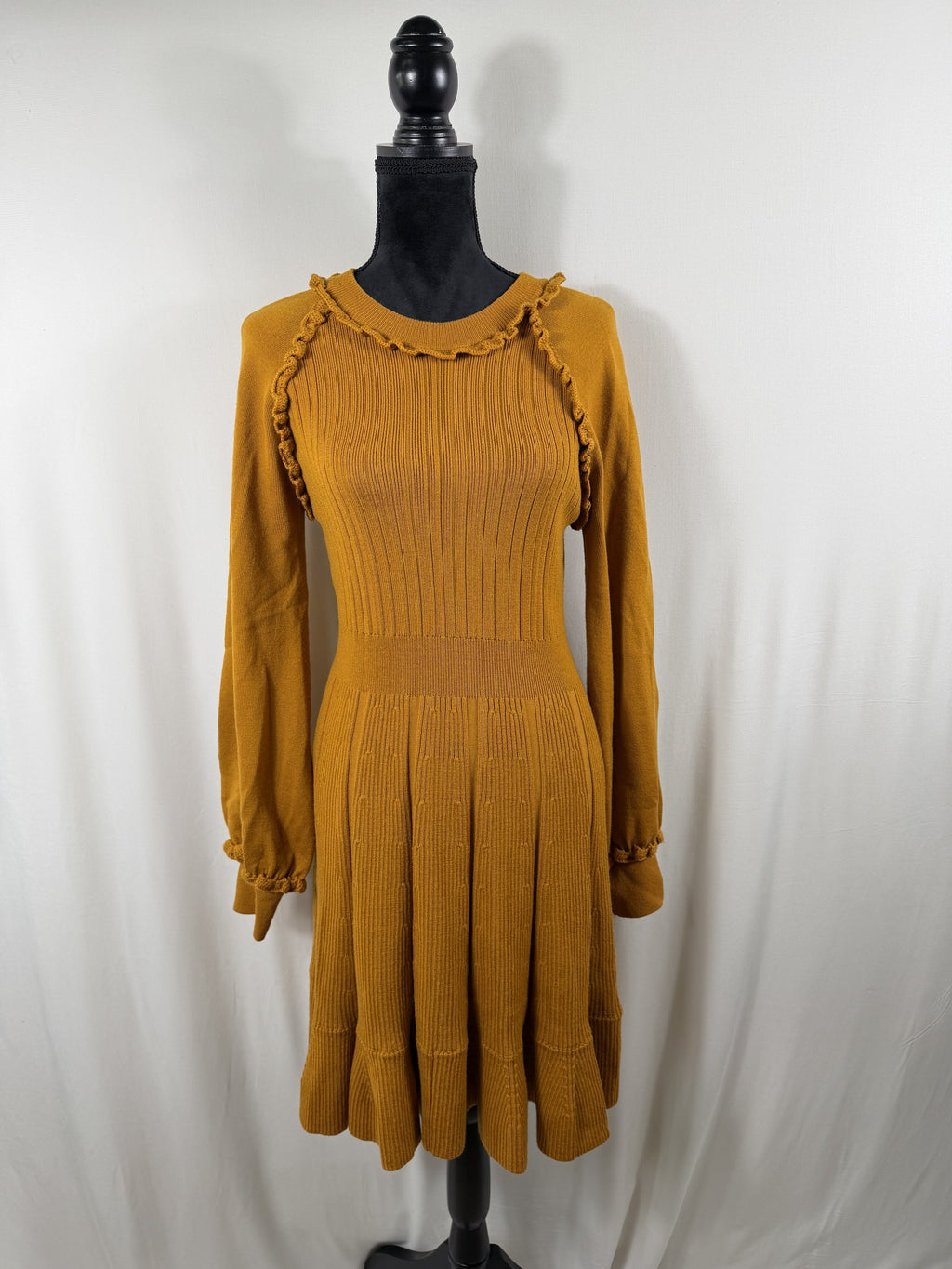 Pearl by Lela Rose Ruffle-Trim Wool Sweater Dress – Ochre – front