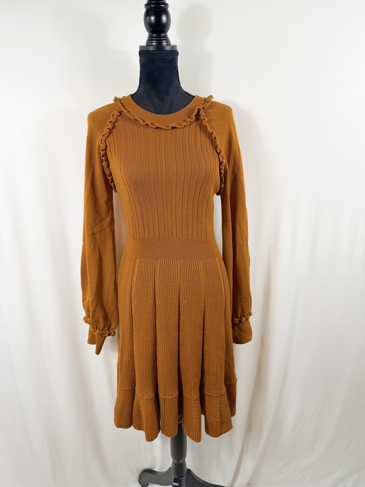 Pearl by Lela Rose Ruffle-Trim Wool Sweater Dress – Ochre – front view 2