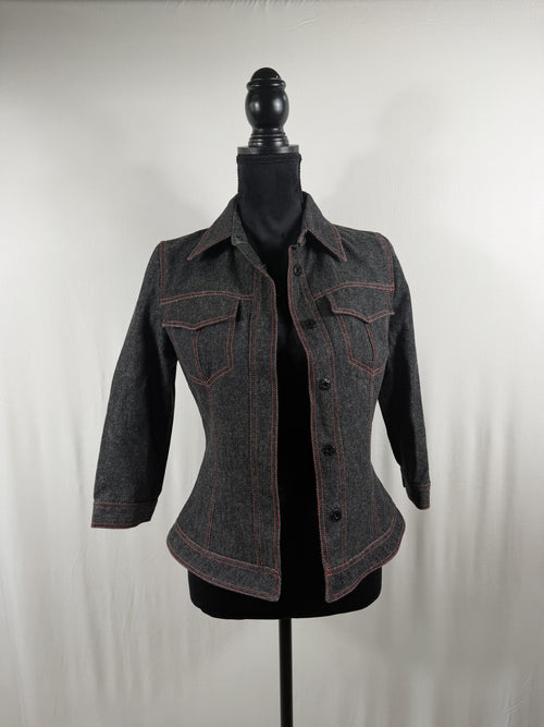 Dolce & Gabbana Vintage Wool-Blend Denim Jacket – Grey, Leopard Lining – front