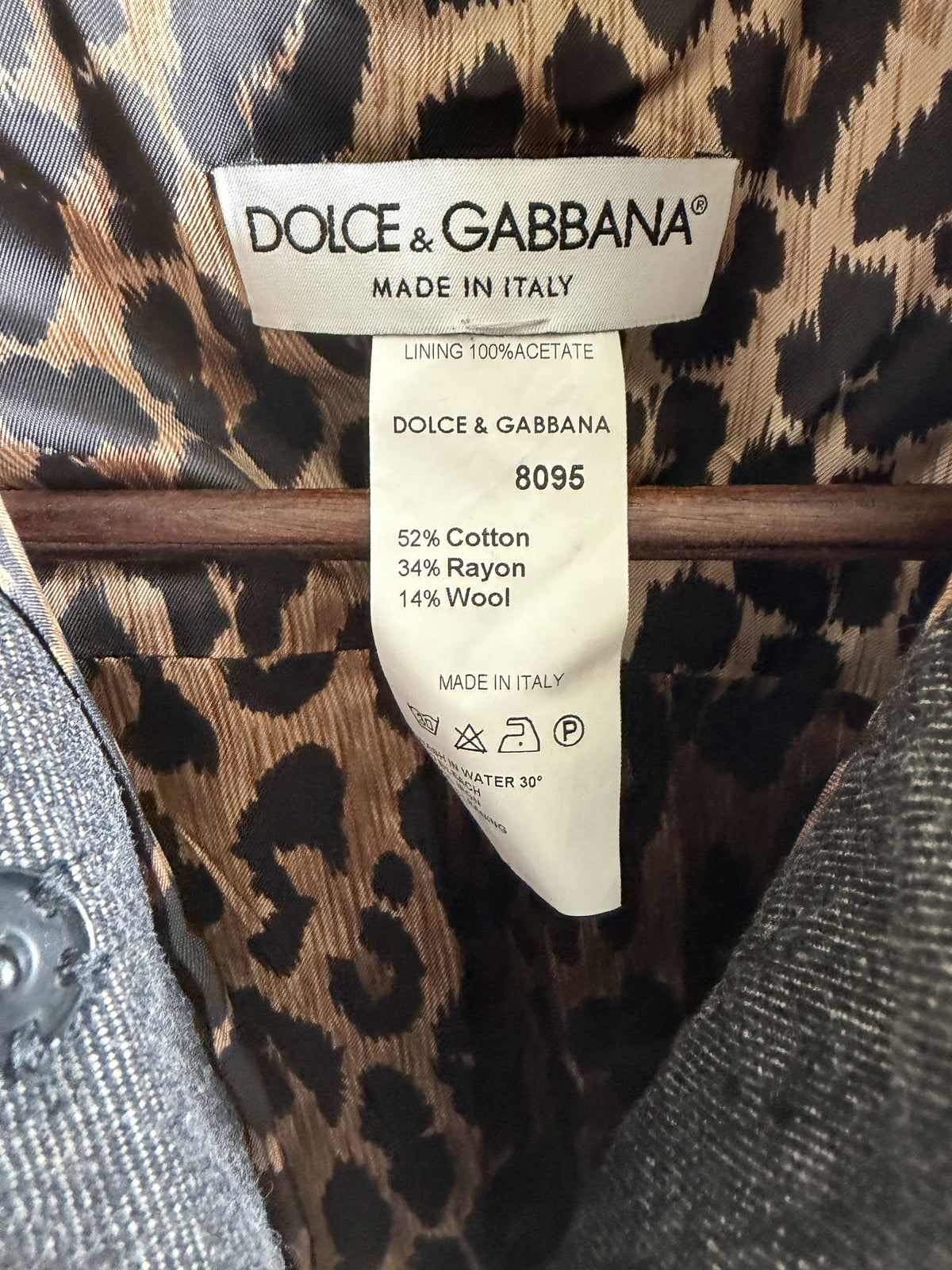 Dolce & Gabbana Vintage Wool-Blend Denim Jacket – Grey, Leopard Lining – label