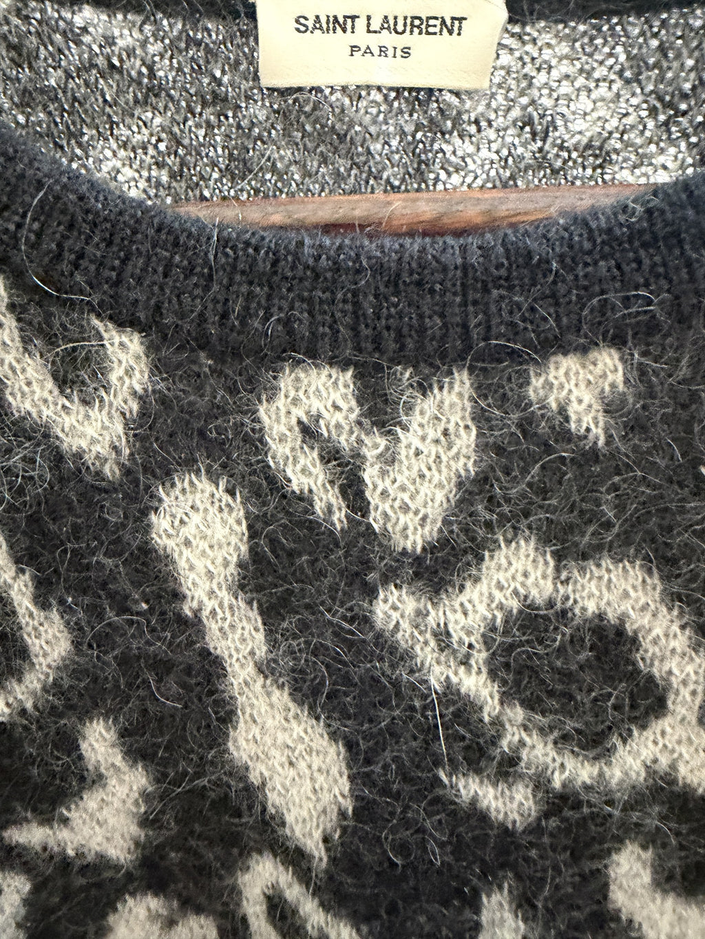 Saint Laurent Leopard Print Mohair Crew-Neck Sweater – label