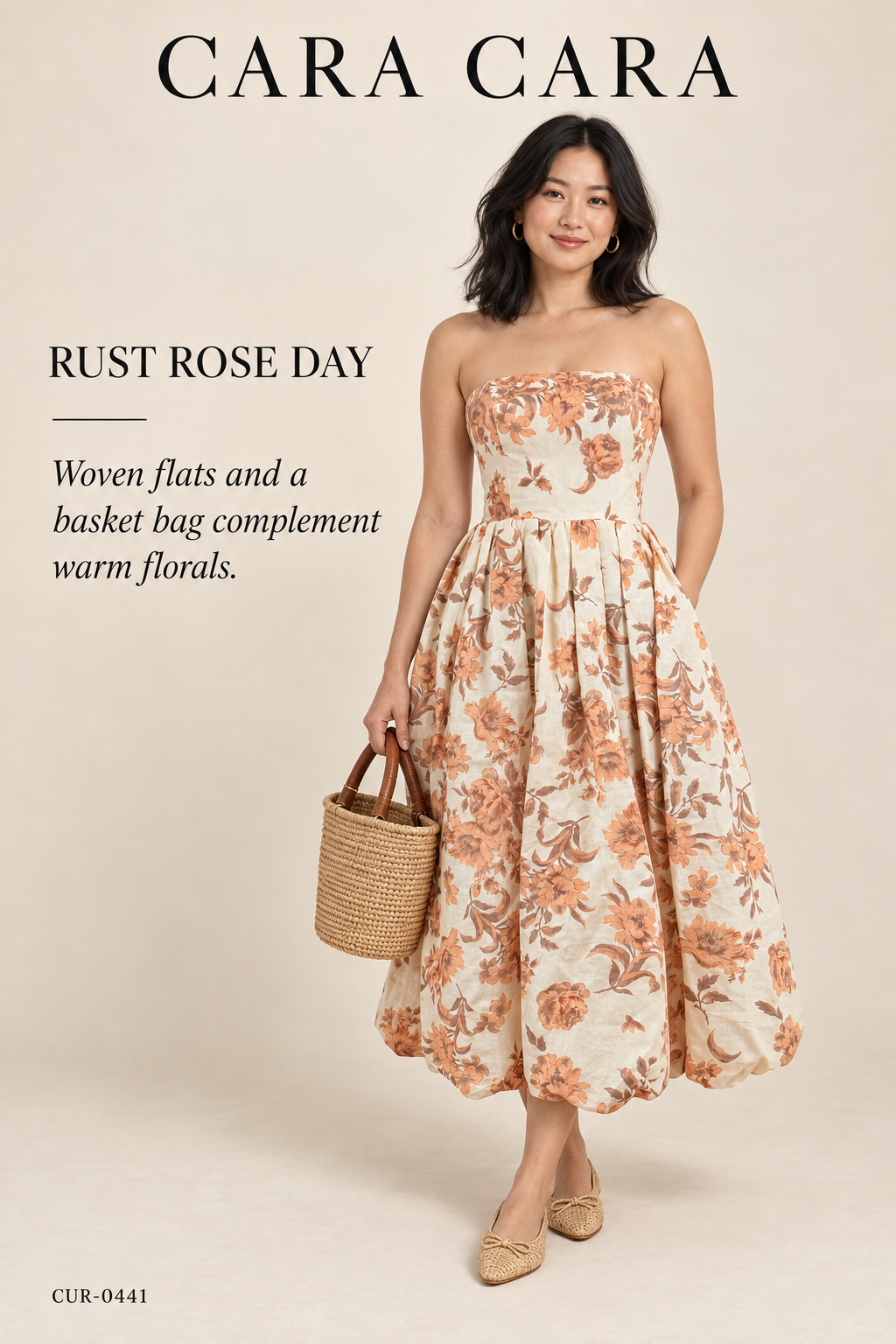 Cara Cara Anisha Strapless Linen Bubble Midi Dress – Rust Floral
