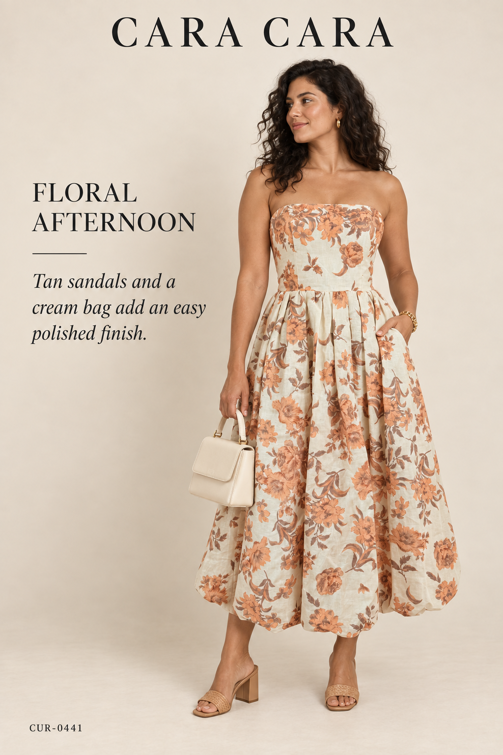 Cara Cara Anisha Strapless Linen Bubble Midi Dress – Rust Floral – styled: Floral Afternoon