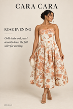 Cara Cara Anisha Strapless Linen Bubble Midi Dress – Rust Floral – styled: Rose Evening